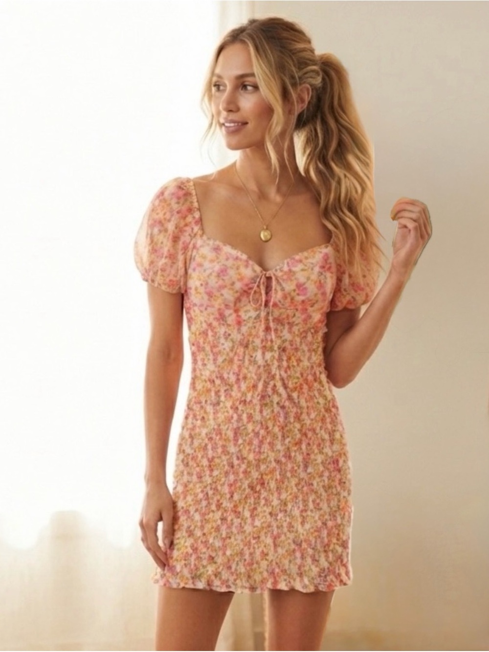 Floral Smocked Puff‑Sleeve Dress